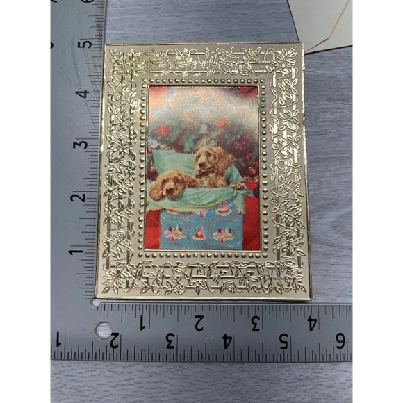 Christmas Greeting Card Cocker Spaniel Dogs Metallic Gold Frame Unused Vintage - Picture 5 of 7